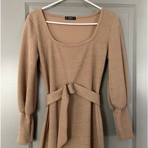 Tan sweater dress with waist belt.  Size small.